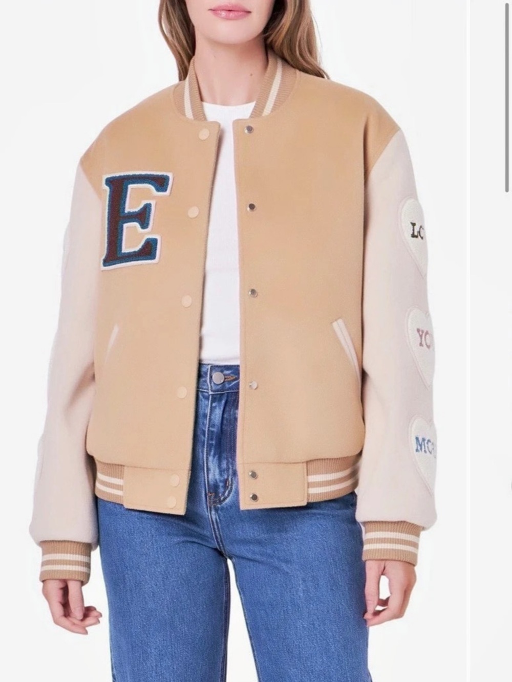 NWT English Factory Love Varsity Jacket Brown & White size Medium